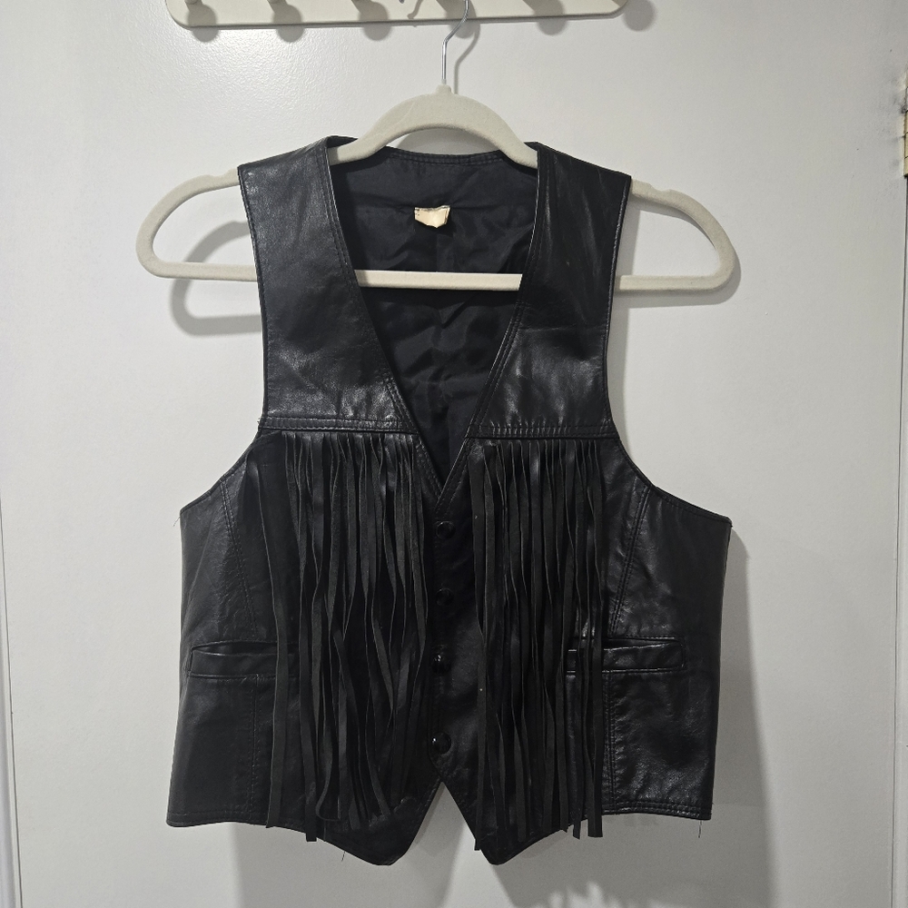 Vintage Black Vegan Leather Fringe Vest